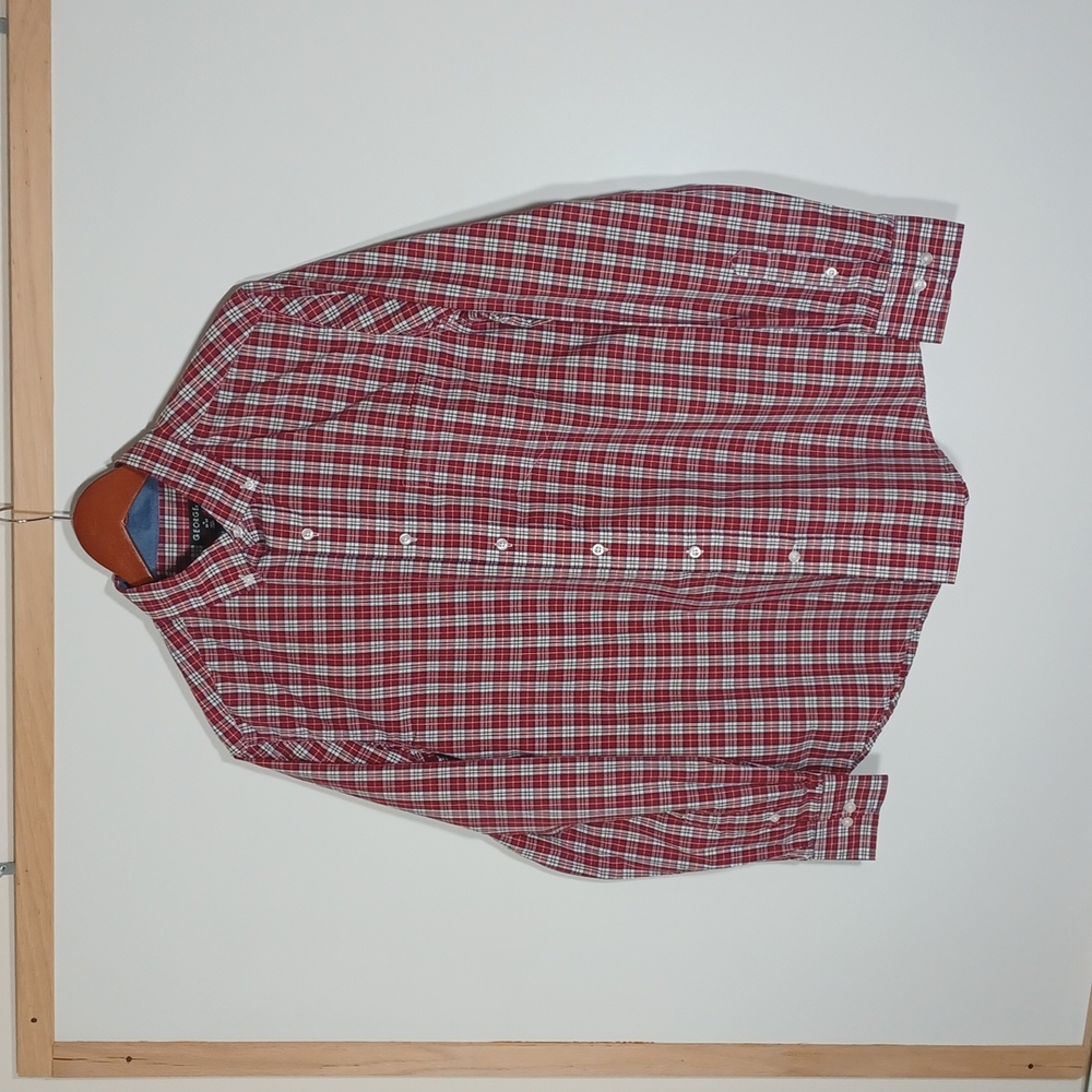 GEORGE,men's long sleeve,red plaid dress shirt,size M.